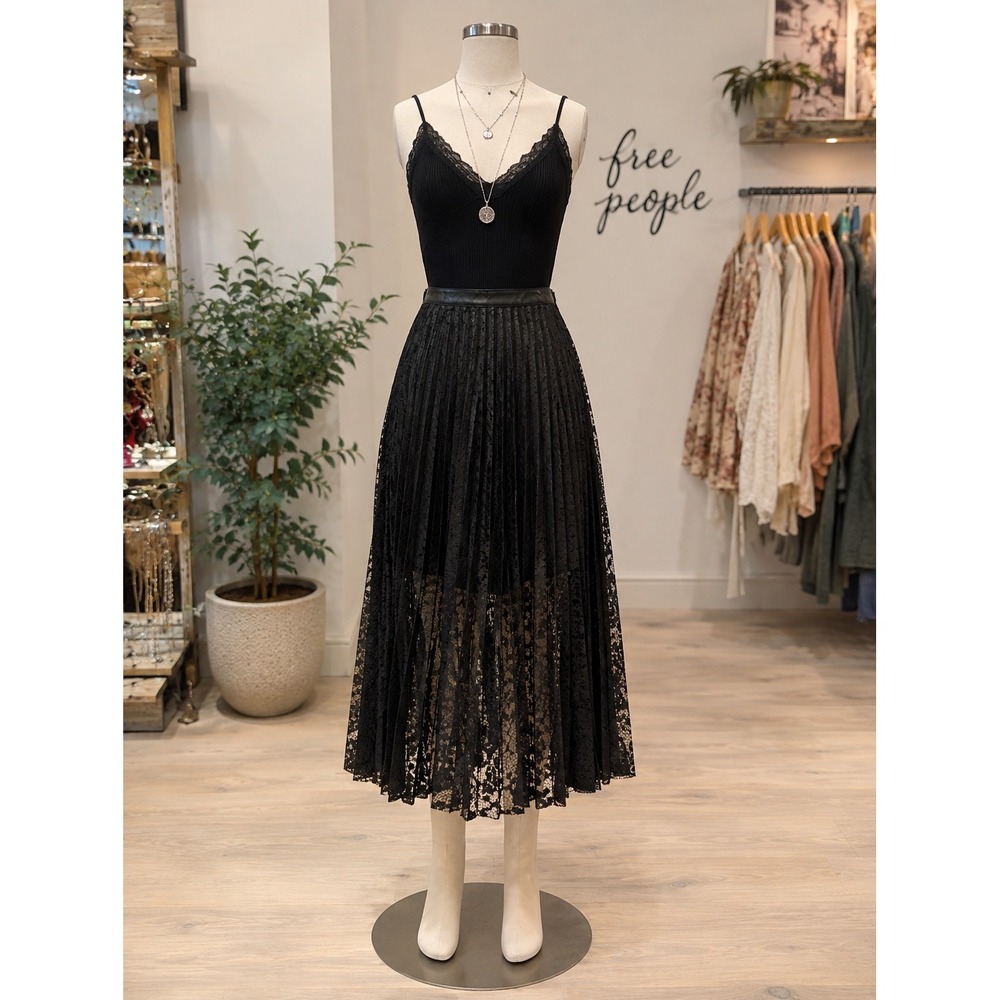 Free People Black Pleated Lace Midi Skirt Size 2 Romantic Goth Boho